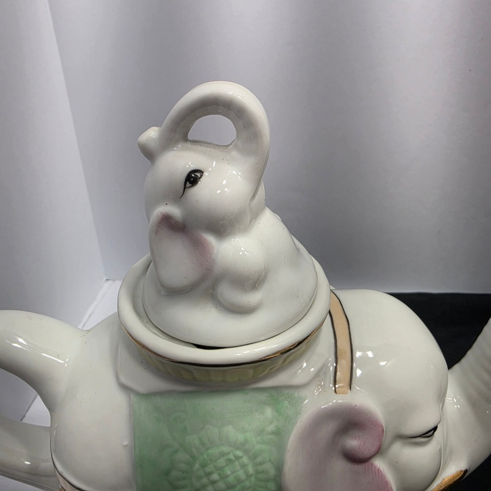 Vintage Ceramic Elephant Teapot Set of 4 Hand Painted White Gold Trim Figural - Picture 10 of 10